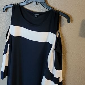 Nina Leonard Navy w white stripe off the shoulder